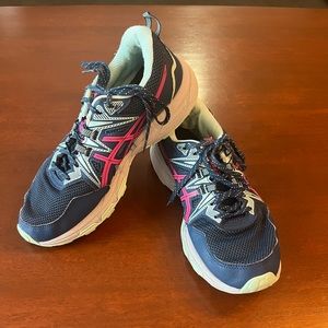 ASICS running shoes blue line green pink  women’s sz 9 EU40.5, preowned